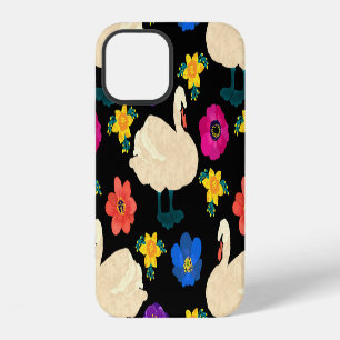 Swans, flowers, hand-drawn black background. iPhone 12 case