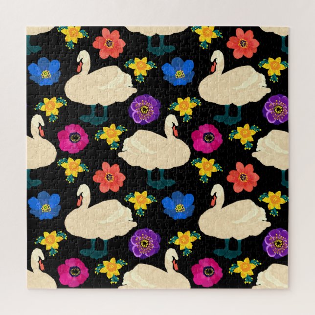 Swans, flowers, hand-drawn black background. jigsaw puzzle (Vertical)