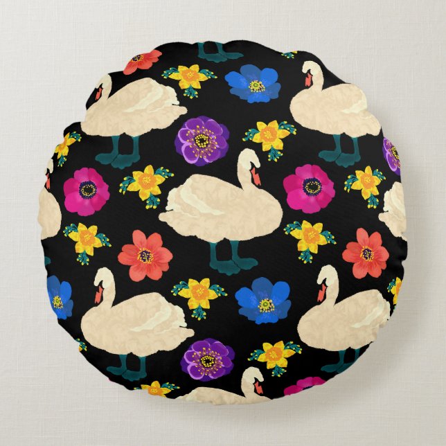 Swans, flowers, hand-drawn black background. round cushion (Front)