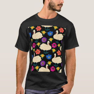 Swans, flowers, hand-drawn black background. T-Shirt