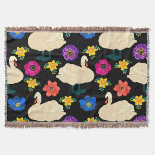 Swans, flowers, hand-drawn black background. throw blanket