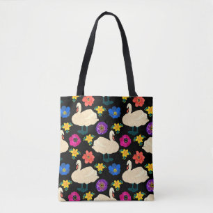 Swans, flowers, hand-drawn black background. tote bag