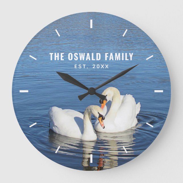 Swans in Blue Water Photograph Personalised Large Clock (Front)