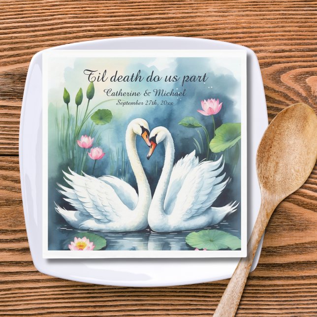 Swans In Love Watercolor Lotus Lake Wedding Napkin (Creator Uploaded)