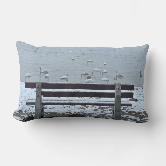 Swans, lake and a bench - cushion (Front)