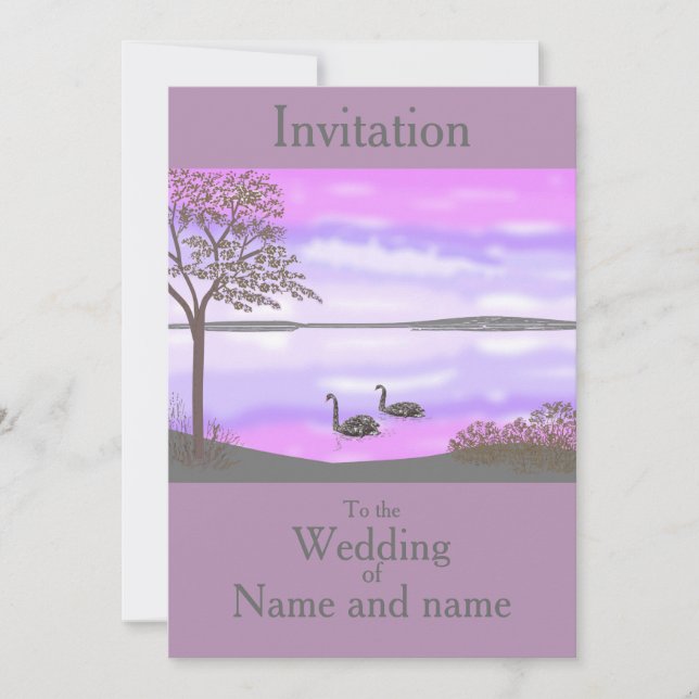 Swans lake sunset scene Wedding RSVP add names Invitation (Front)