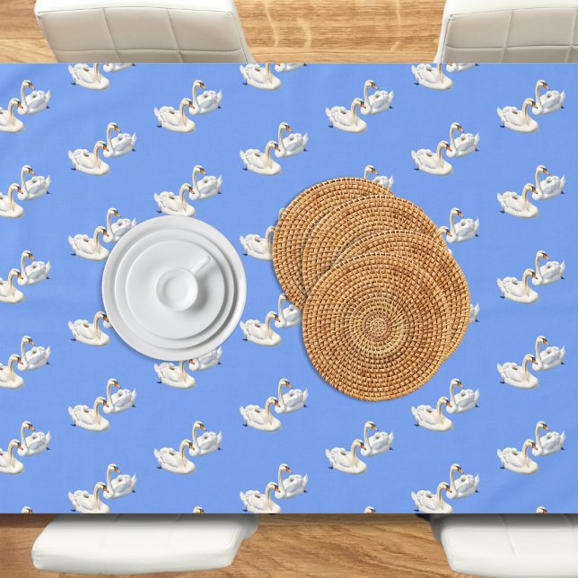 Swans on Water Pattern Birds Cornflower Blue Tablecloth (An elegant tablecloth in blue with pattern of white swans)