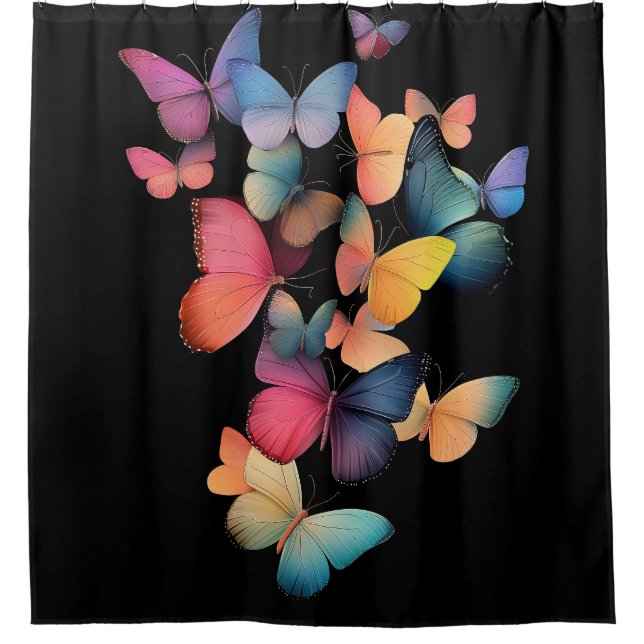 Swarm of Butterflies - Colourful Rainbow on Black Shower Curtain (Front)