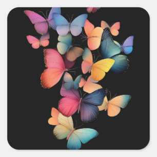 Swarm of Butterflies - Colourful Rainbow on Black Square Sticker