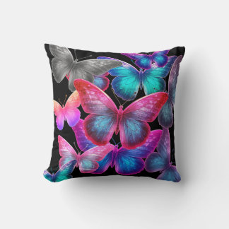 Swarm Of Colourful Butterflies On Black Background Cushion