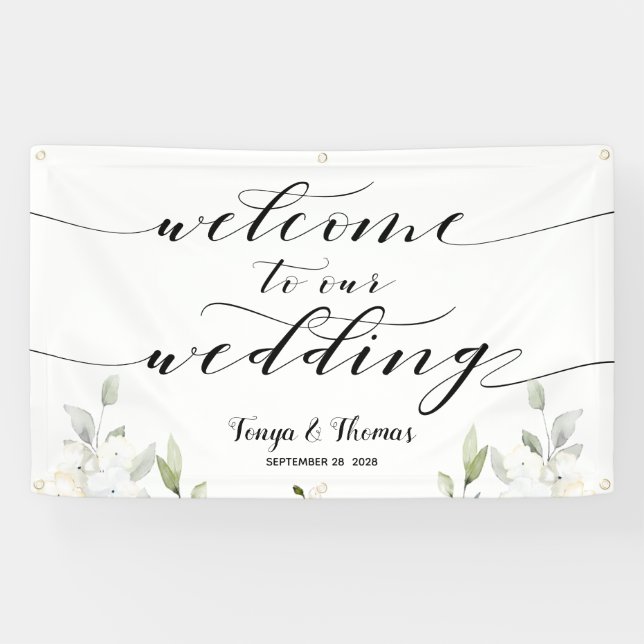 Swash Calligraphy Greenery Welcome To Our Wedding Banner (Horizontal)