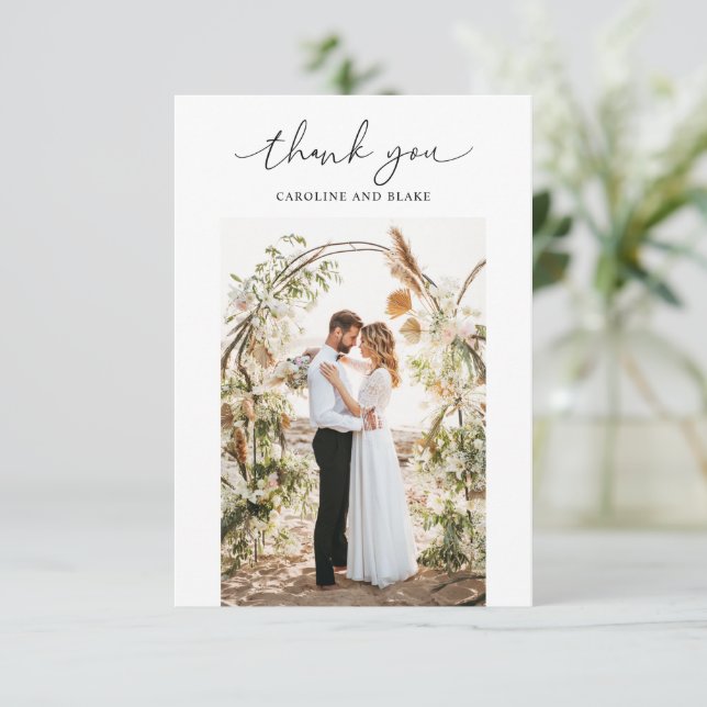 Swash Script Wedding Thank You Photo Card (Standing Front)