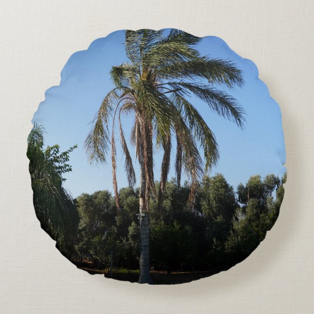 Swaying Palm Tree Under a Clear Sky Round Cushion (Front)