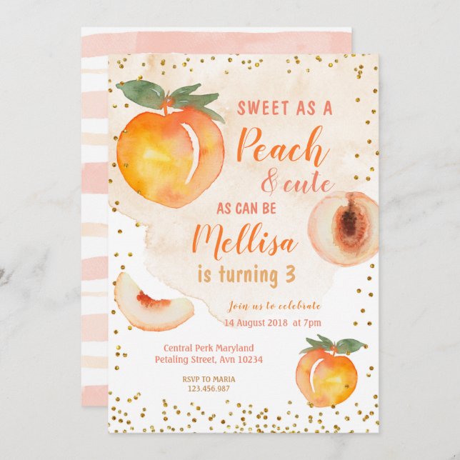 Sweat as a peach is Turning 3 Birthday Invitation (Front/Back)