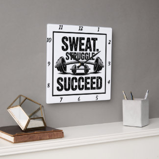 Sweat Struggle Succeed Barbell Workout Square Wall Clock