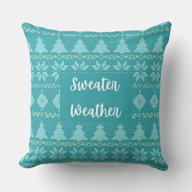 Sweater Weather Aqua Green & Gold Throw Pillow (Front)