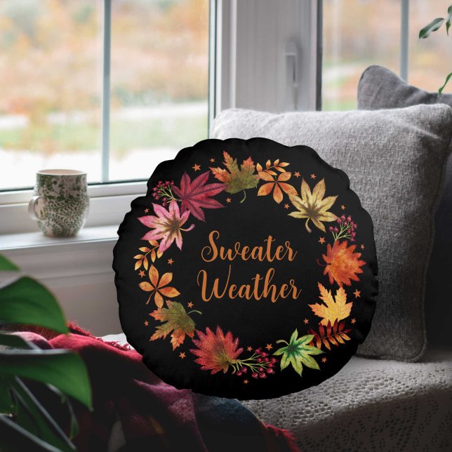 Sweather Weather Autumn Fall Leaves Wreath Round Cushion (Sweather Weather Autumn Fall Leaves Wreath Round Pillow)