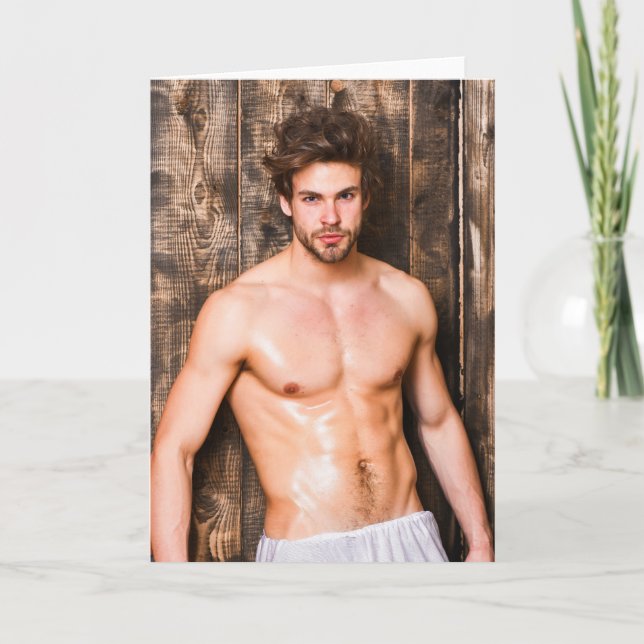 Sweating in the Sauna Hot Guy Greetings Card (Front)