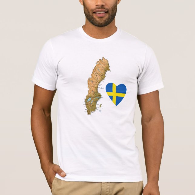 Sweden Flag Heart and Map T-Shirt (Front)