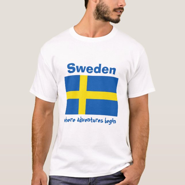 Sweden Flag + Map + Text T-Shirt (Front)