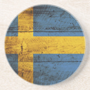 Sweden Flag on Old Wood Grain Coaster
