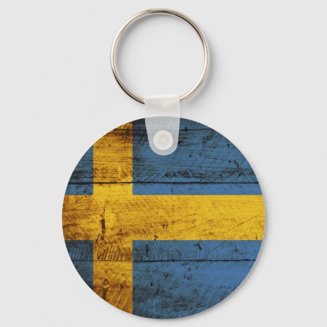 Sweden Flag on Old Wood Grain Key Ring (Front)