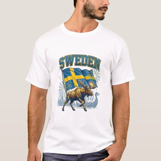 Sweden Flag Patriotic Moose Viking Celebration T-Shirt (Front)