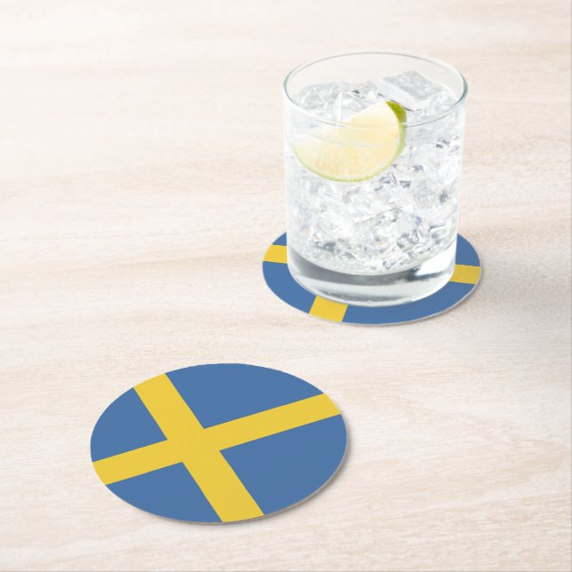 Sweden flag round paper coaster (Insitu)