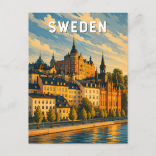 Sweden Illustration Travel Art Vintage Postcard