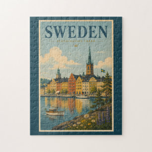 Sweden Landscape Illustration Travel Art Vintage Jigsaw Puzzle