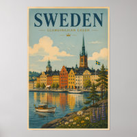 Sweden Landscape Illustration Travel Art Vintage