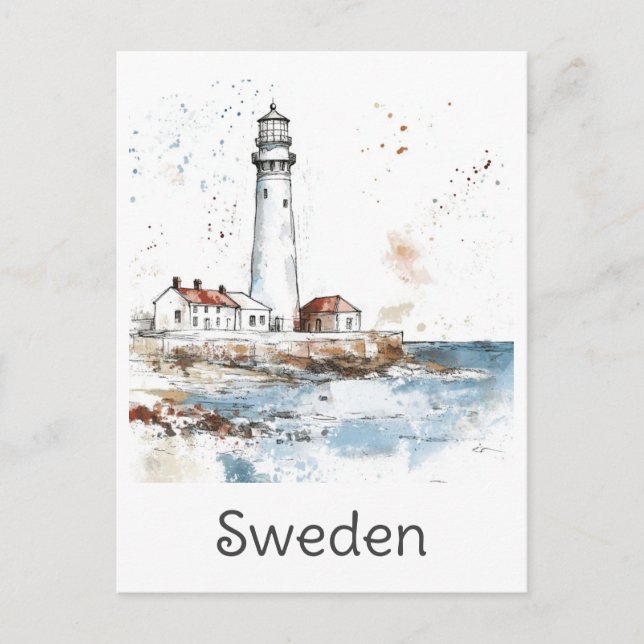 Sweden Lighthouse Coast Watercolor Swedish Travel Postcard (Front)