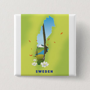 Sweden map illustrated travel poster. 15 cm square badge