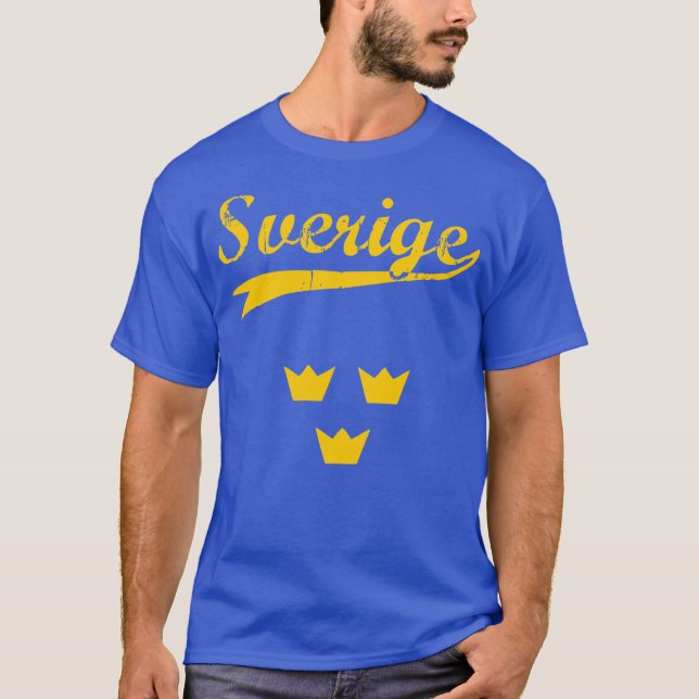 Sweden, Sverige, 3 crowns and text, blue t-shirt (Front)