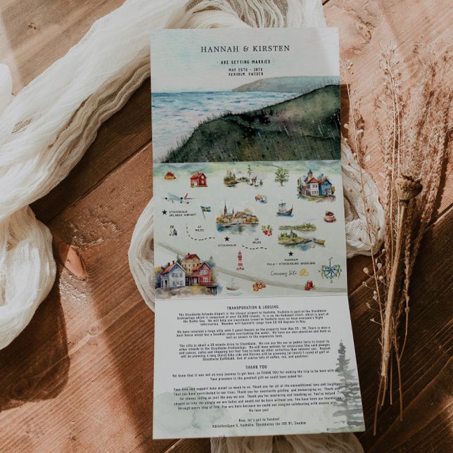 Sweden Wedding Illustrated Map Tri-Fold Invitation (Creator Uploaded)