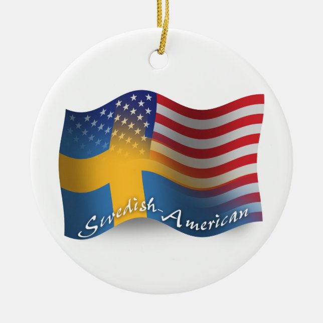 Swedish-American Waving Flag Ceramic Tree Decoration (Front)