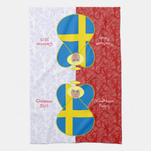 Swedish Angel Flag on Red and White Personalised Tea Towel