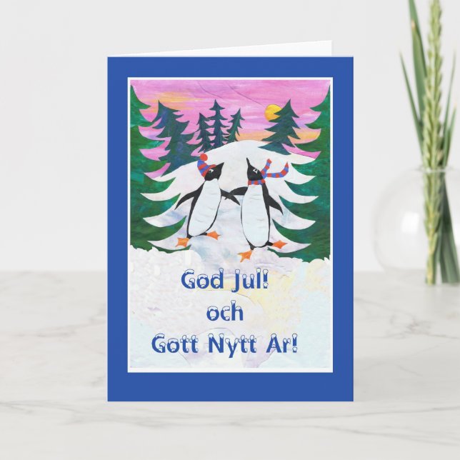 Swedish Christmas Card - Skating Penguins (Front)