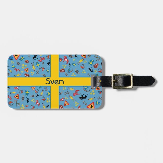 Swedish culture items with flag luggage tag (Front Horizontal)