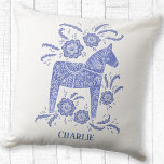 Swedish Dala Horse Art Blue Custom Name Cushion<br><div class="desc">A pretty indigo blue and white Swedish Dala Horse painting.
Change or remove the name on the front to customize.</div>