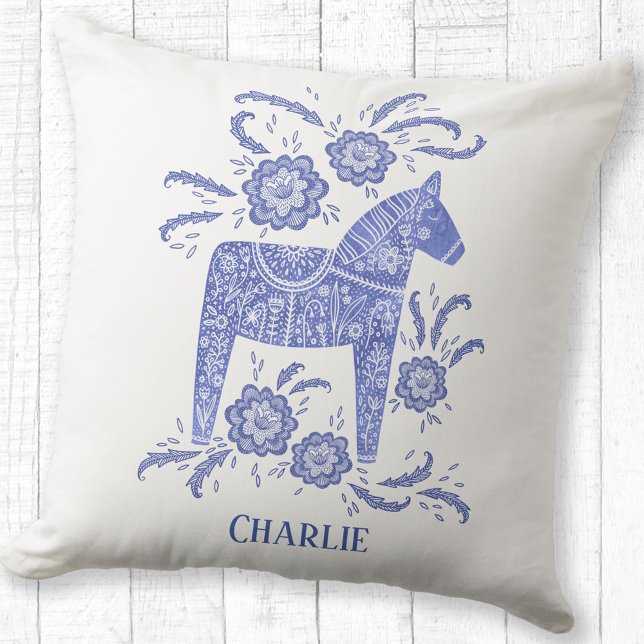 Swedish Dala Horse Art Blue Custom Name Cushion (Swedish Dala Horse folk art blue and white personalized name throw pillow)