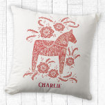 Swedish Dala Horse Art Personalised Cushion<br><div class="desc">A pretty red and white Swedish Dala Horse painting.
Change or remove the name on the front to customise.  Original art by Nic Squirrell.</div>