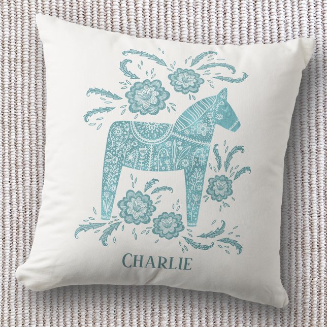 Swedish Dala Horse Art Teal Custom Name Cushion (Personalized custom name Swedish Dala horse Scandinavian throw pillow)