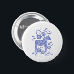 Swedish Dala Horse Blue and White Button<br><div class="desc">A traditional Swedish Dala Horse illustration in indigo blue on white.</div>