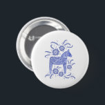 Swedish Dala Horse Blue and White Button<br><div class="desc">A traditional Swedish Dala Horse illustration in indigo blue on white.</div>