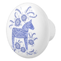 Swedish Dala Horse Blue and White Ceramic Knob