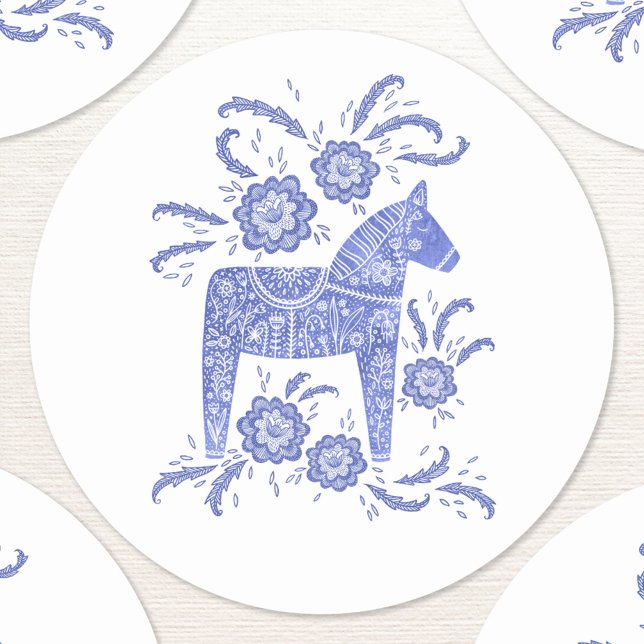 Swedish Dala Horse Blue and White Classic Round Sticker (Swedish Dala Horse folk art blue and white sticker)