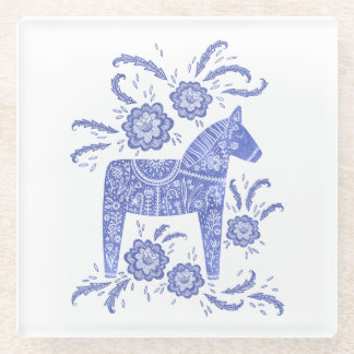 Swedish Dala Horse Blue and White Glass Coaster