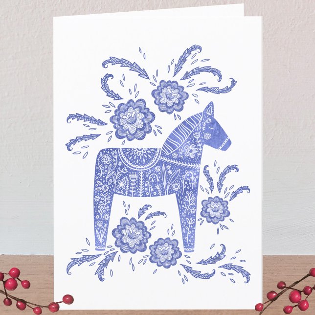 Swedish Dala Horse Blue and White Greetings Card (Swedish Dala Horse blue and white card)