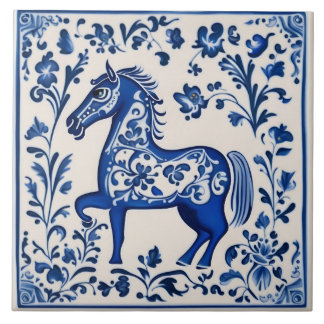 Swedish Dala horse Blue and White nouveau ceramic Tile